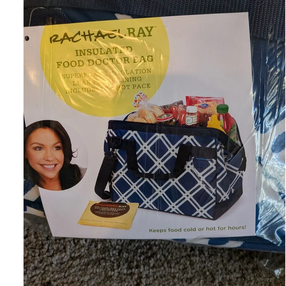 Rachael Ray Insulated Food Doctor Bag Navy Blue Geometric Cooler Tote with Strap